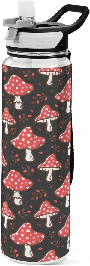 Fustylead Amanita Red Mushroom 32 oz Water Bottle with Straw, Leakproof Clear Sport Bottles for Women Men Outdoor Sport Drinking