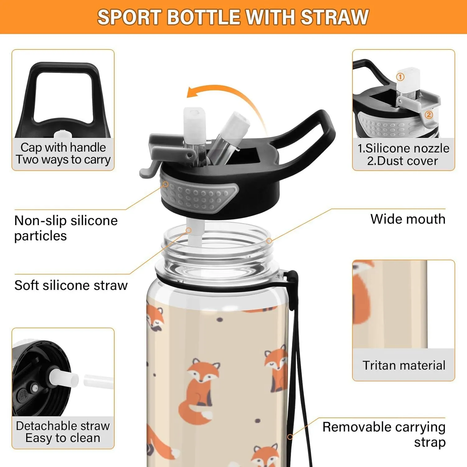 Fustylead Cartoon Fox Tritan Water Bottle with Straw and Lids, 32 oz Reusable BPA Free Sport Water Bottle for Gym Camping Hiking Travel