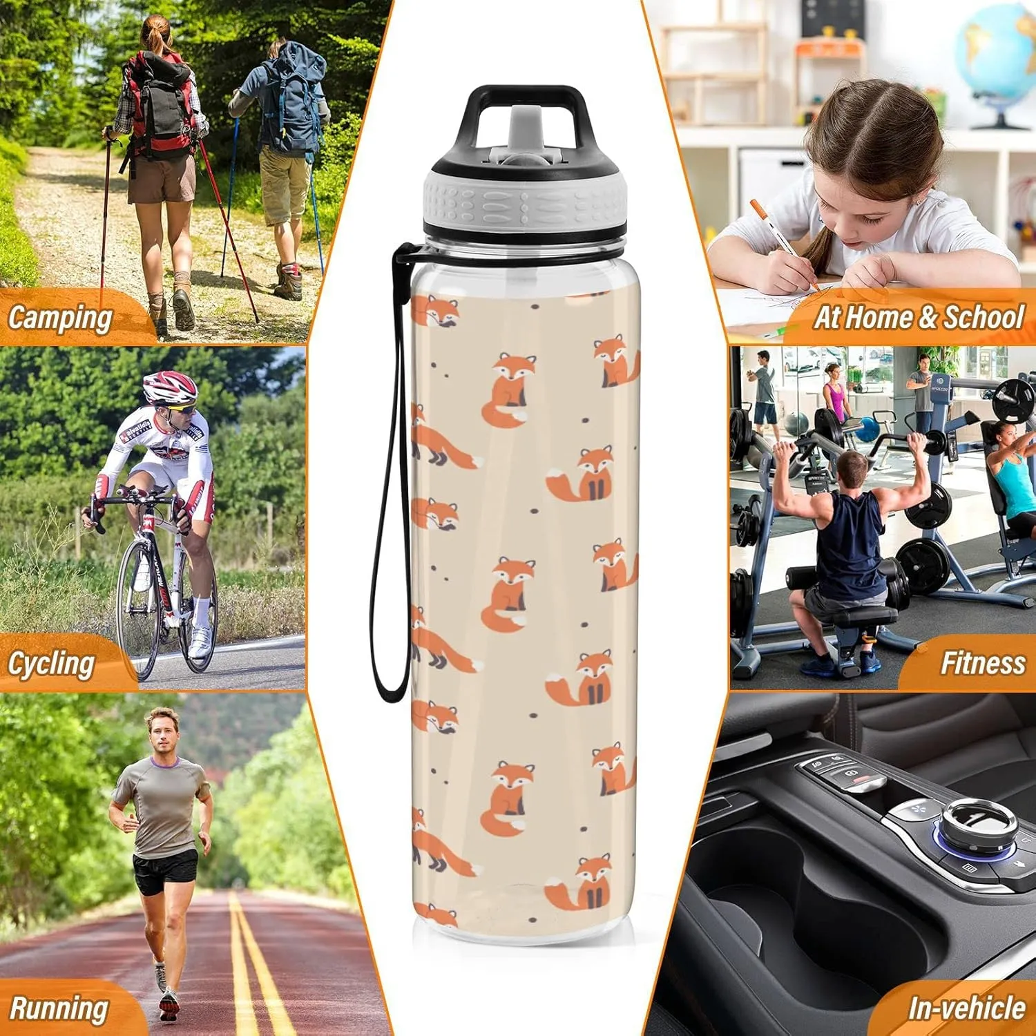 Fustylead Cartoon Fox Tritan Water Bottle with Straw and Lids, 32 oz Reusable BPA Free Sport Water Bottle for Gym Camping Hiking Travel