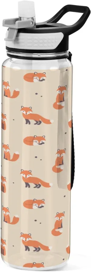 Fustylead Cartoon Fox Tritan Water Bottle with Straw and Lids, 32 oz Reusable BPA Free Sport Water Bottle for Gym Camping Hiking Travel