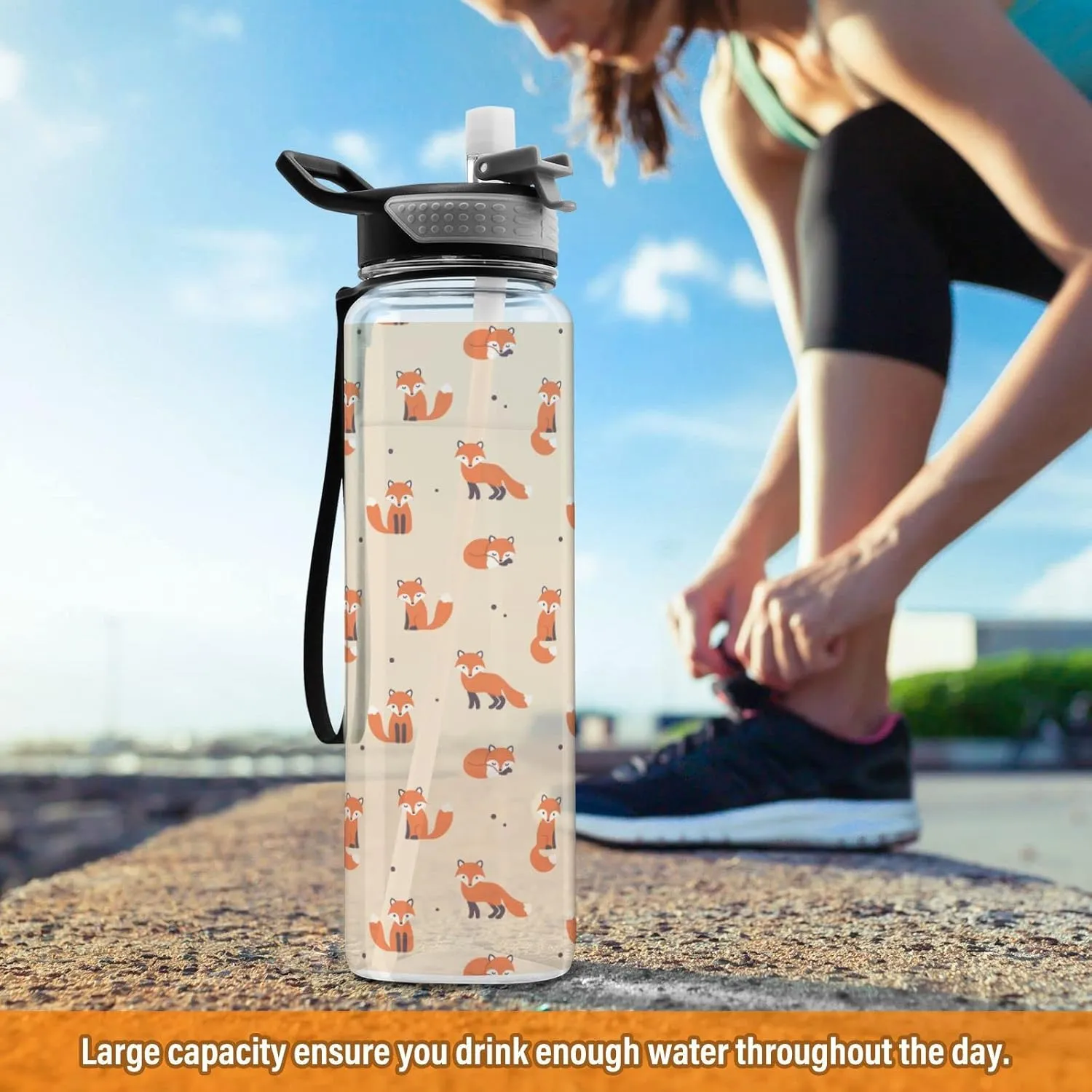 Fustylead Cartoon Fox Tritan Water Bottle with Straw and Lids, 32 oz Reusable BPA Free Sport Water Bottle for Gym Camping Hiking Travel