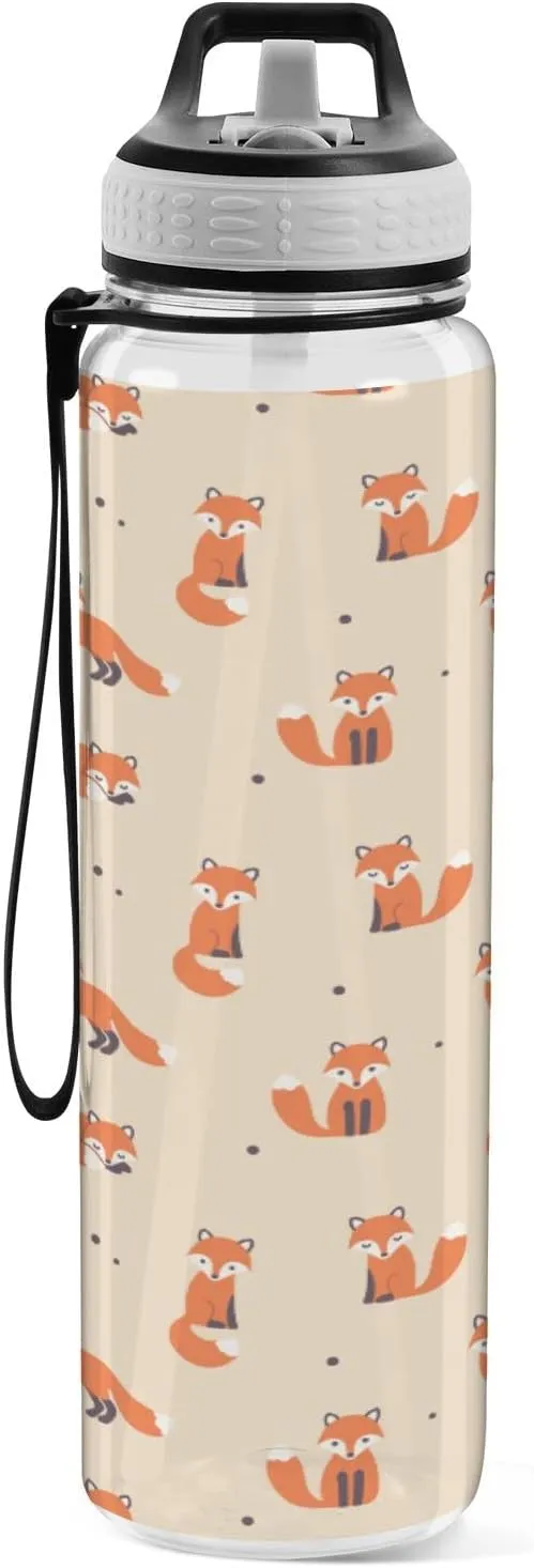 Fustylead Cartoon Fox Tritan Water Bottle with Straw and Lids, 32 oz Reusable BPA Free Sport Water Bottle for Gym Camping Hiking Travel