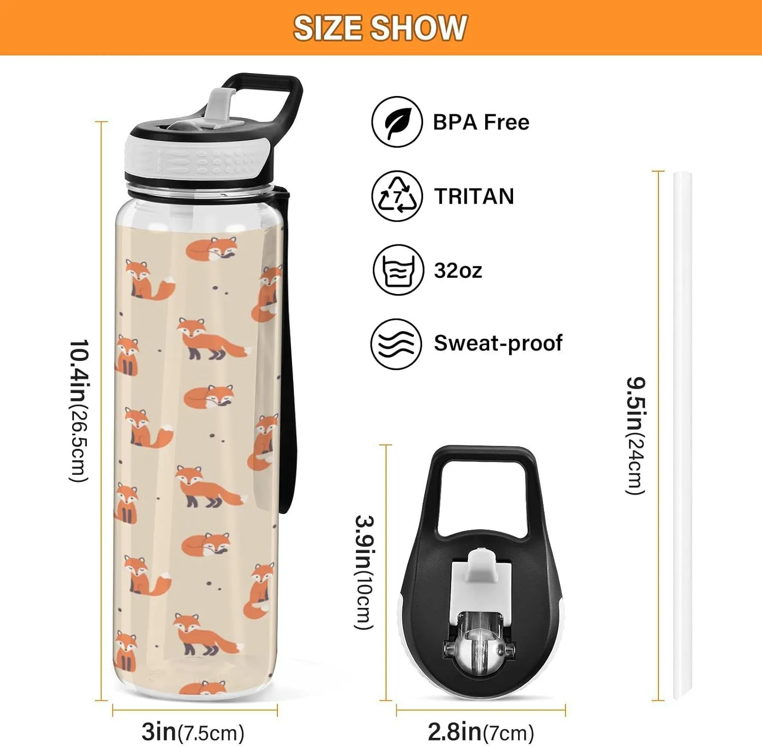 Fustylead Cartoon Fox Tritan Water Bottle with Straw and Lids, 32 oz Reusable BPA Free Sport Water Bottle for Gym Camping Hiking Travel