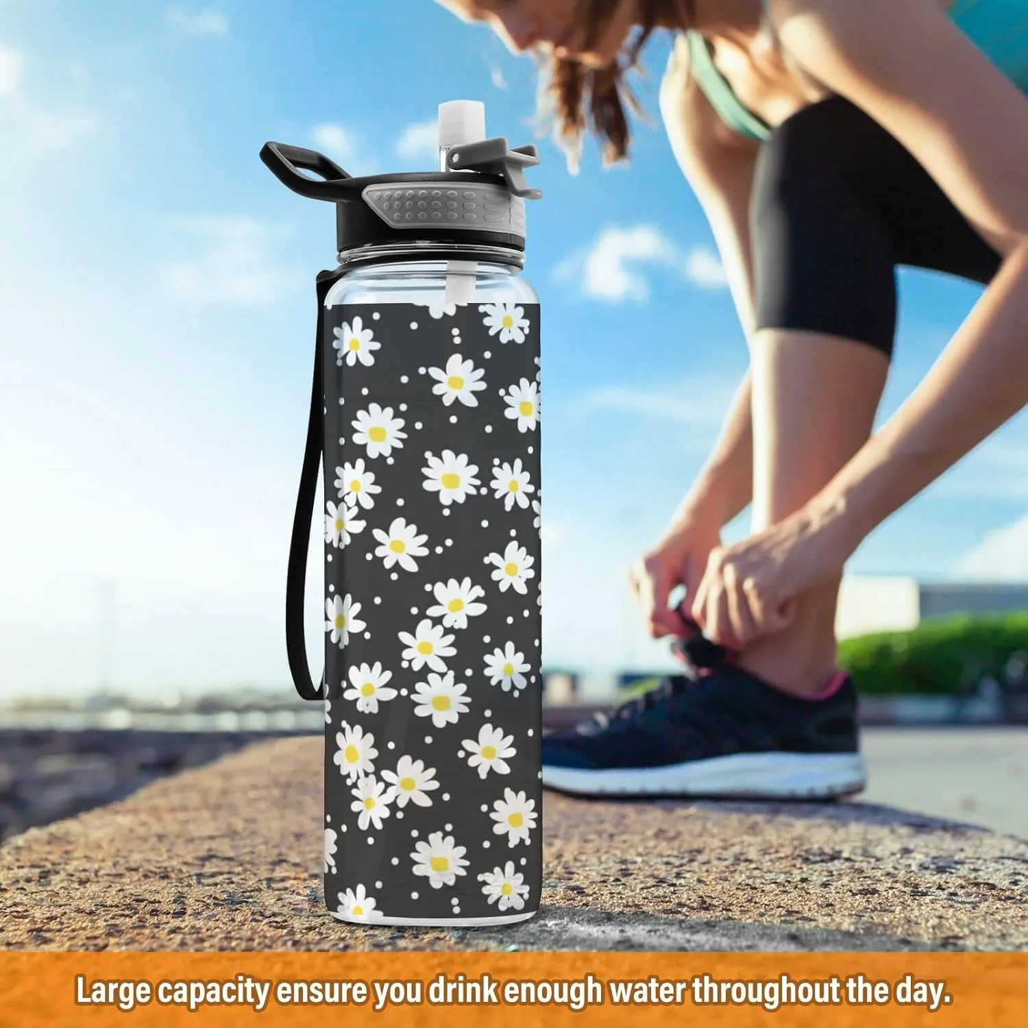 Fustylead Little Daisy 32 oz BPA-Free Water Bottle with Straw, Leak-Proof Sport Bottle for Fitness, Gym, Camping, Outdoor Sports