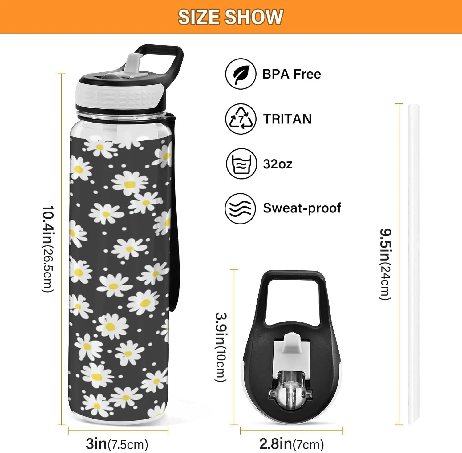 Fustylead Little Daisy 32 oz BPA-Free Water Bottle with Straw, Leak-Proof Sport Bottle for Fitness, Gym, Camping, Outdoor Sports