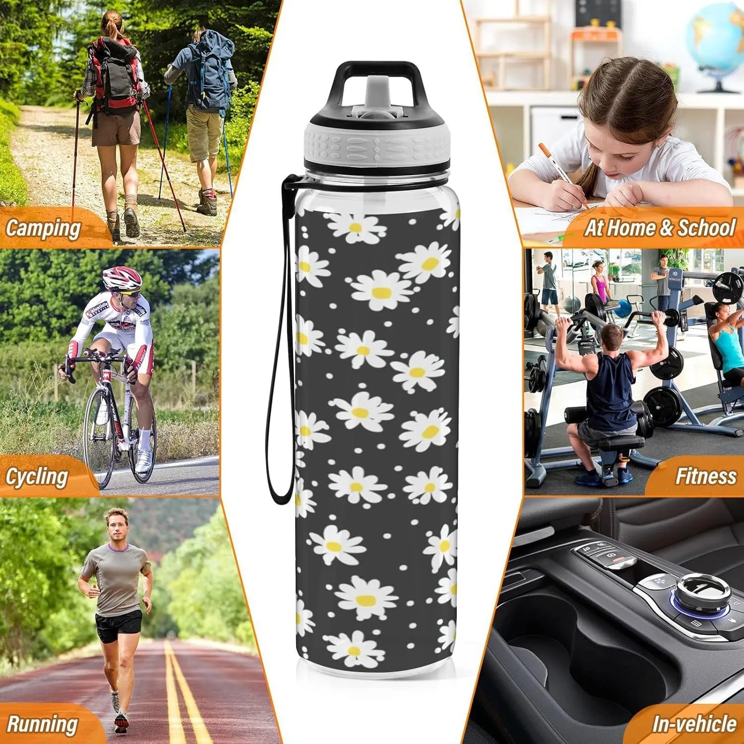 Fustylead Little Daisy 32 oz BPA-Free Water Bottle with Straw, Leak-Proof Sport Bottle for Fitness, Gym, Camping, Outdoor Sports