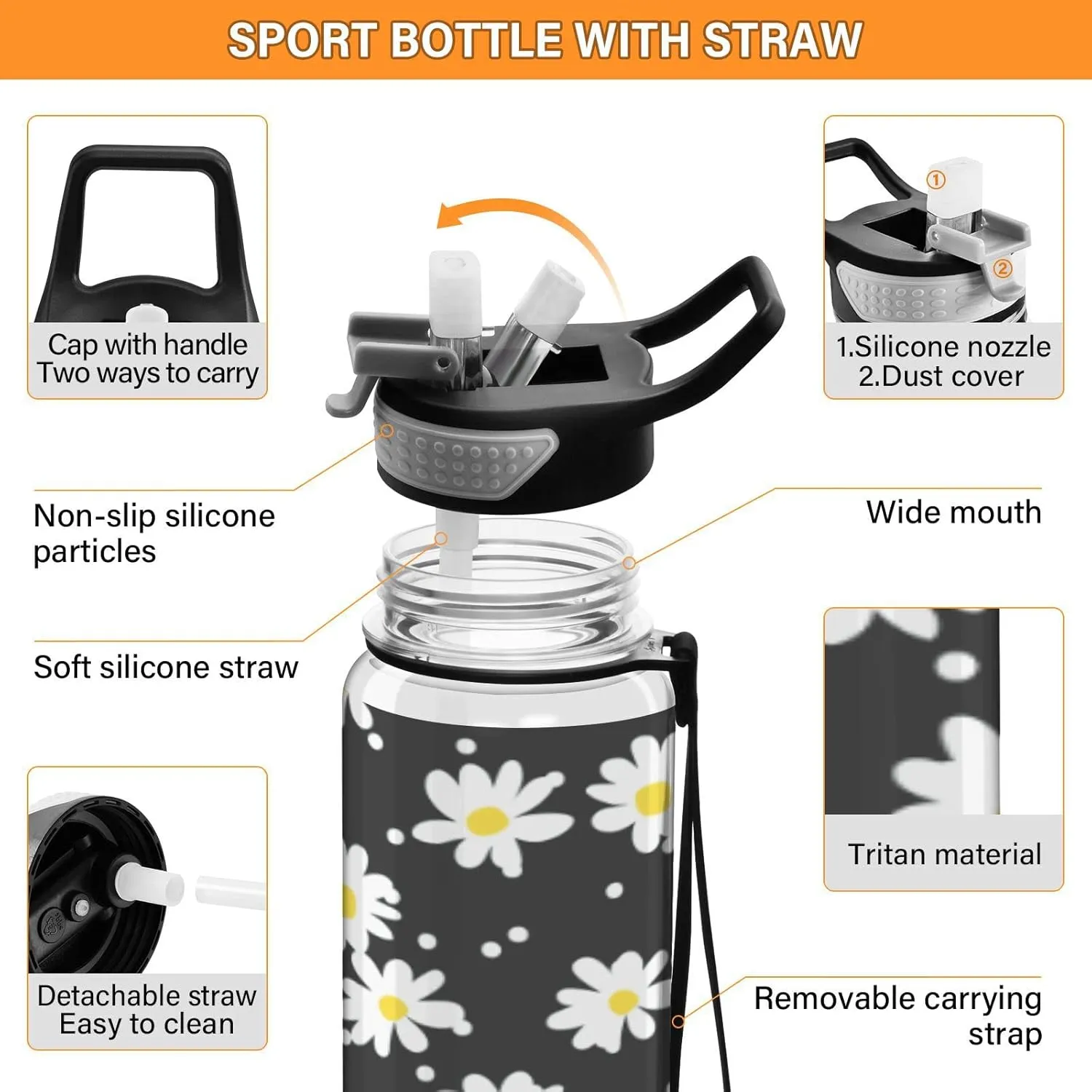 Fustylead Little Daisy 32 oz BPA-Free Water Bottle with Straw, Leak-Proof Sport Bottle for Fitness, Gym, Camping, Outdoor Sports