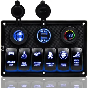 FXC Waterproof Marine Boat Rocker Switch Panel 6 Gang with 4.2A Dual USB Slot Socket   Cigarette Lighter   Voltage Monitor Alarm LED Light for Car Rv Vehicles Truck