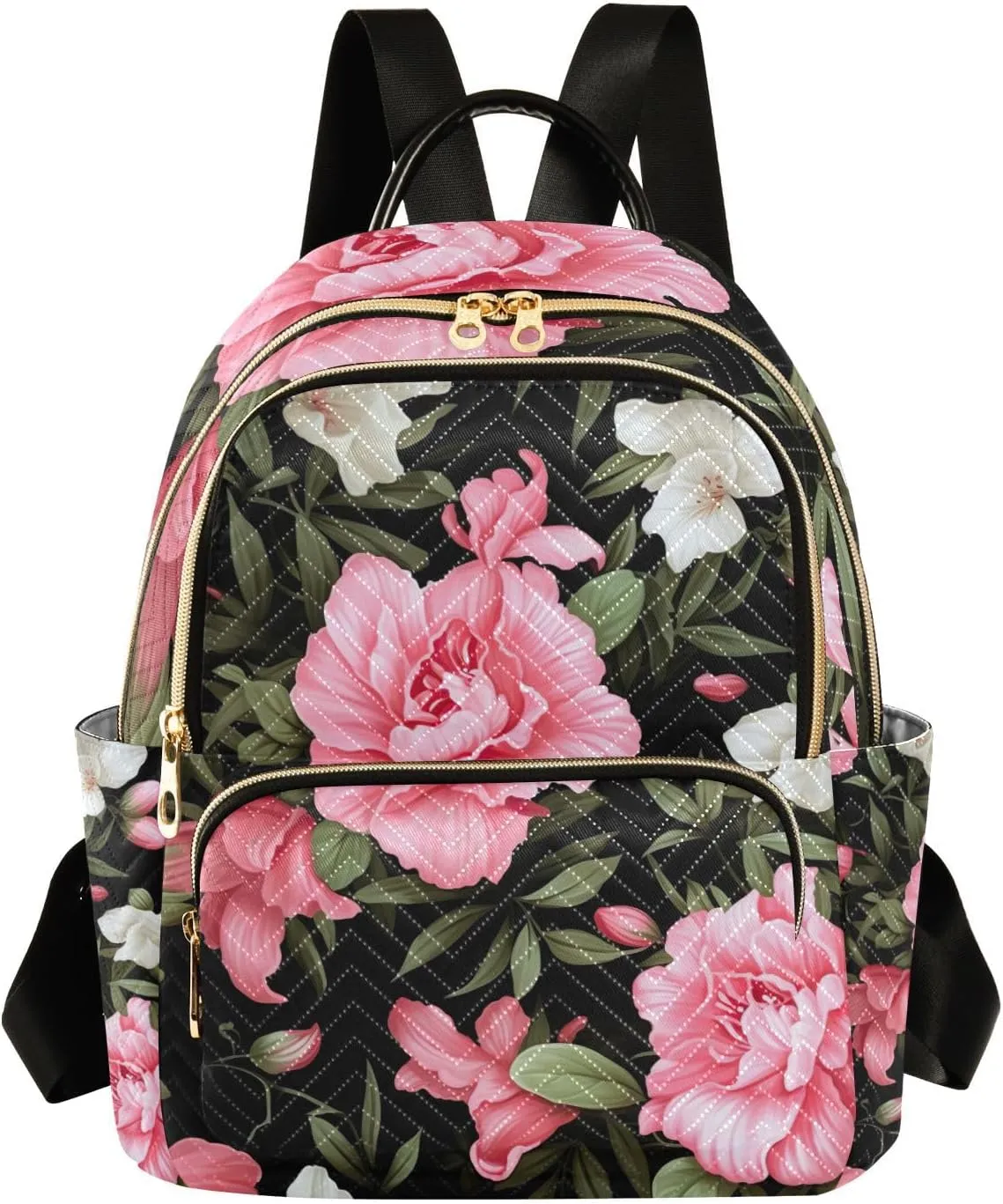 GAIGEO Floral with Pink Flowers on Black Women Fashion Backpacks, Ladies Small Backpack, Travel Backpack for Women, S