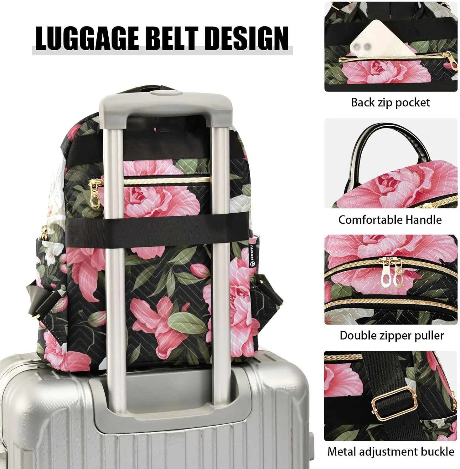 GAIGEO Floral with Pink Flowers on Black Women Fashion Backpacks, Ladies Small Backpack, Travel Backpack for Women, S