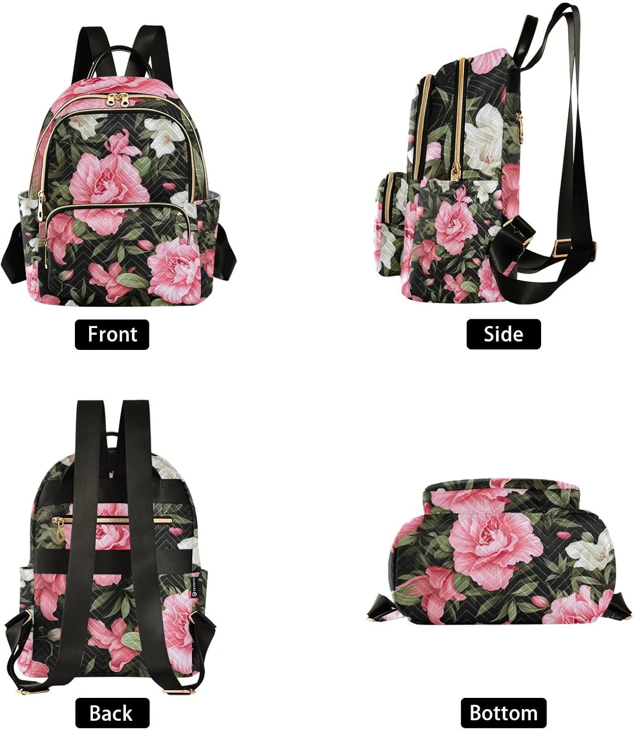 GAIGEO Floral with Pink Flowers on Black Women Fashion Backpacks, Ladies Small Backpack, Travel Backpack for Women, S