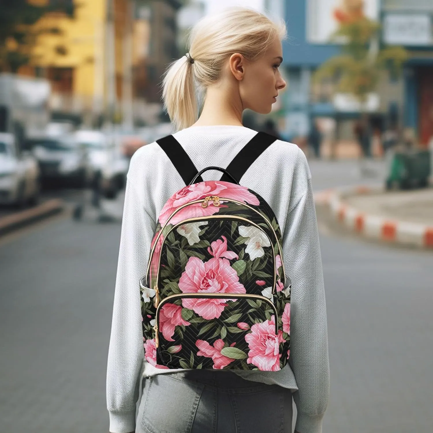 GAIGEO Floral with Pink Flowers on Black Women Fashion Backpacks, Ladies Small Backpack, Travel Backpack for Women, S