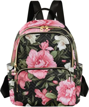 GAIGEO Floral with Pink Flowers on Black Women Fashion Backpacks, Ladies Small Backpack, Travel Backpack for Women, S
