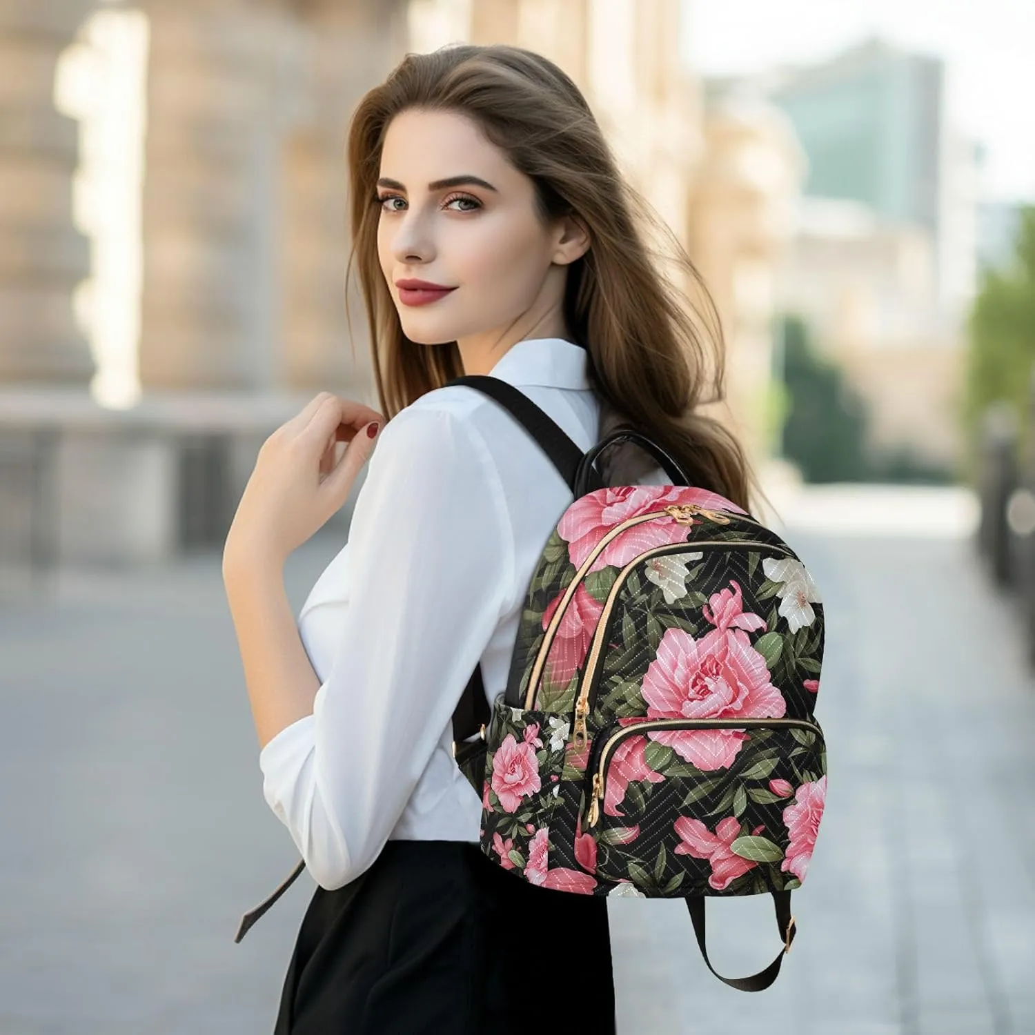 GAIGEO Floral with Pink Flowers on Black Women Fashion Backpacks, Ladies Small Backpack, Travel Backpack for Women, S