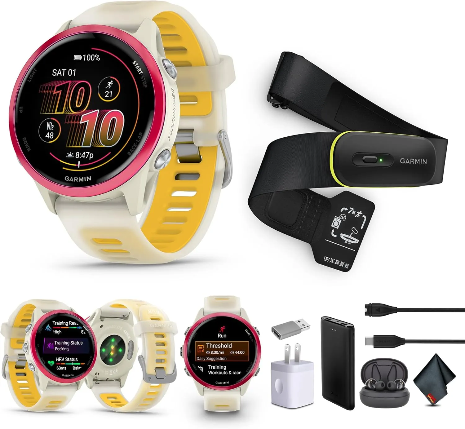 Garmin Forerunner 570 Running Smartwatch, 42MM WiFi, GPS Fitness Smart Watch for Men and Women, Raspberry Aluminum with Translucent Bone/Mango Band​   Access 600 Fitness Monitor, M-XL​   More