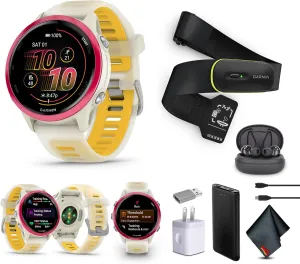 Garmin Forerunner 570 Running Smartwatch, 42MM WiFi, GPS Fitness Smart Watch for Men and Women, Raspberry Aluminum with Translucent Bone/Mango Band​   Access 600 Fitness Monitor, XS-S​​   More