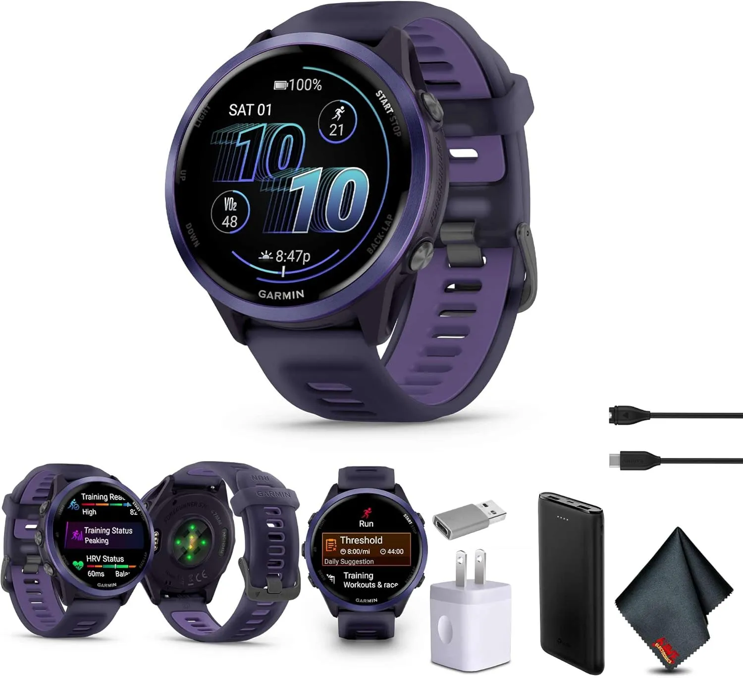Garmin Forerunner 570 Running Smartwatch, 47MM WiFi, GPS Fitness Smart Watch for Men and Women, Indigo Aluminum with Translucent Imperial Purple/Indigo Band Bundle with P-Bank   More