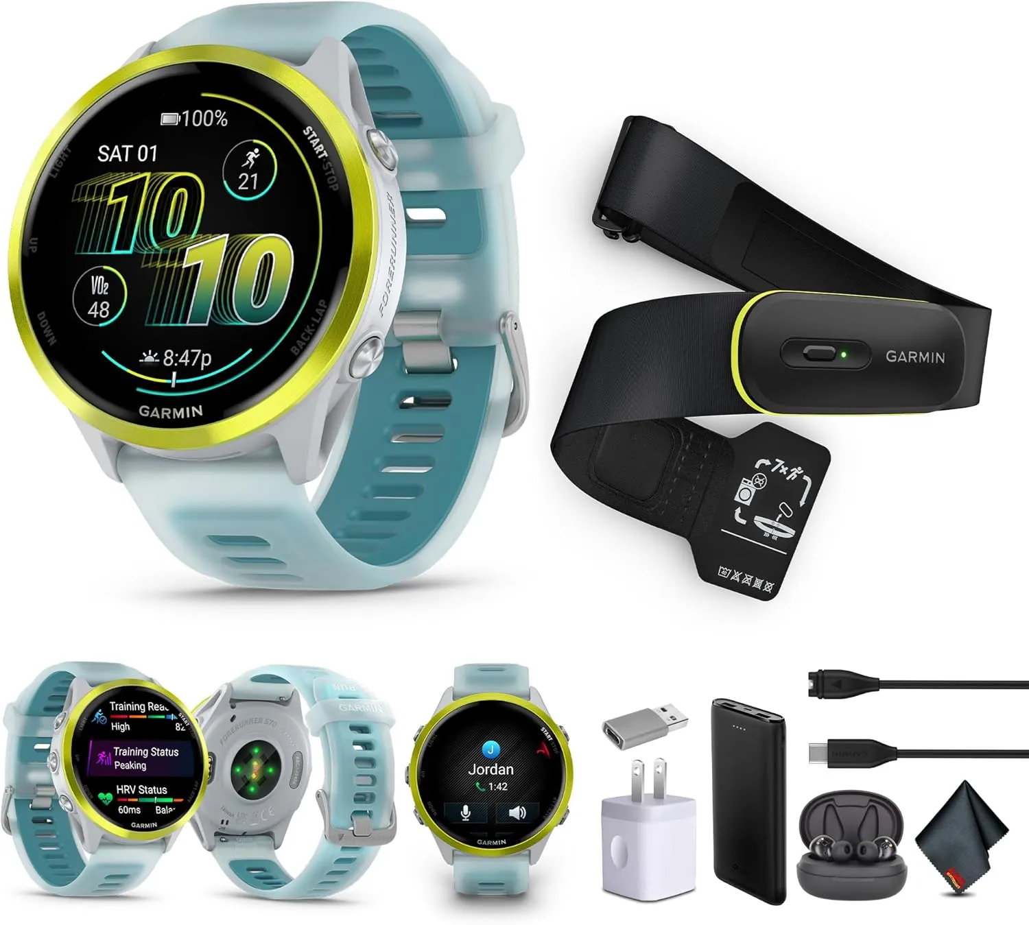 Garmin Forerunner 570 Running Smartwatch, 47MM WiFi, GPS Fitness Watch for Men and Women, Amp Yellow Aluminum with Translucent Whitestone/Turquoise Band​   Access 600 Fitness Monitor, M-XL​   More