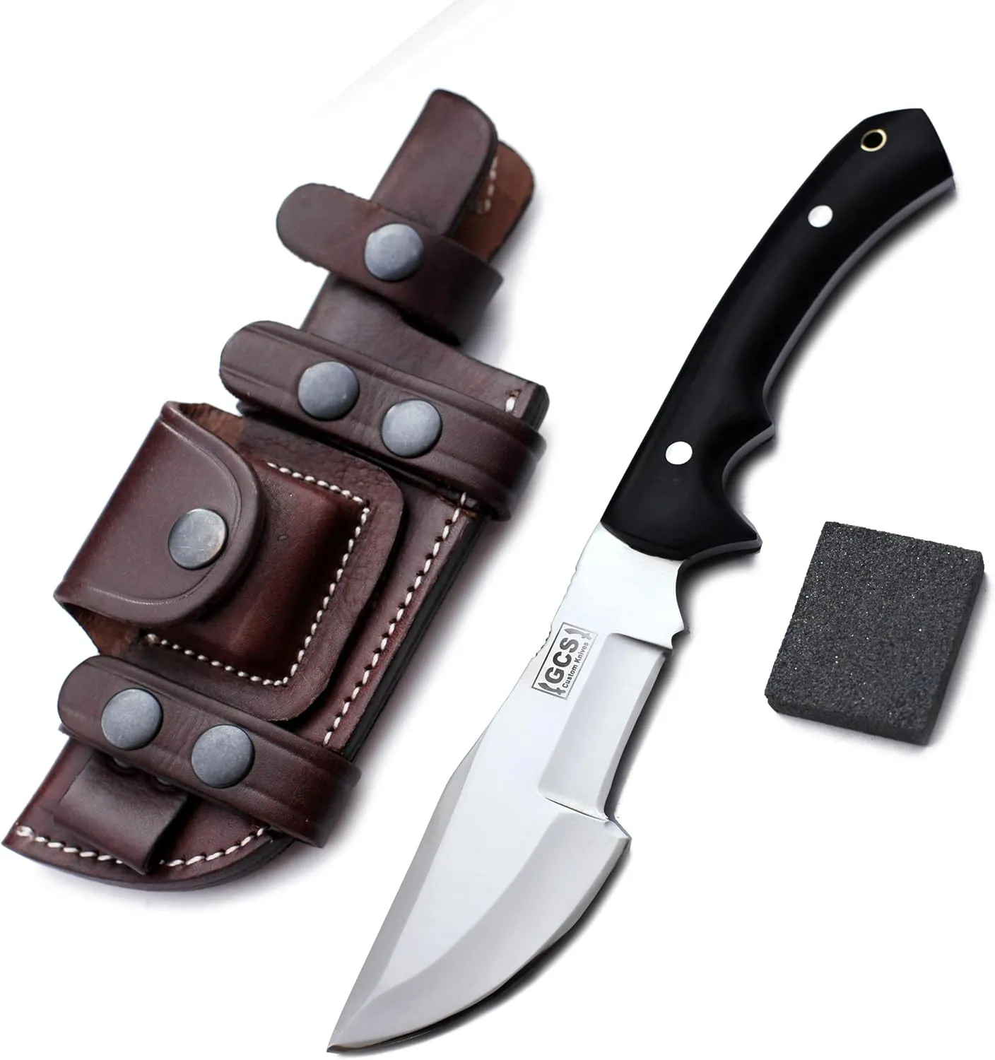 GCS Handmade D2 steel Hunting Knife G10 Handle Fixed Blade Knife Right Hand Scout Carry Buffalo leather Sheath and Sharpening Stone for Hunting Camping Survival and EDC