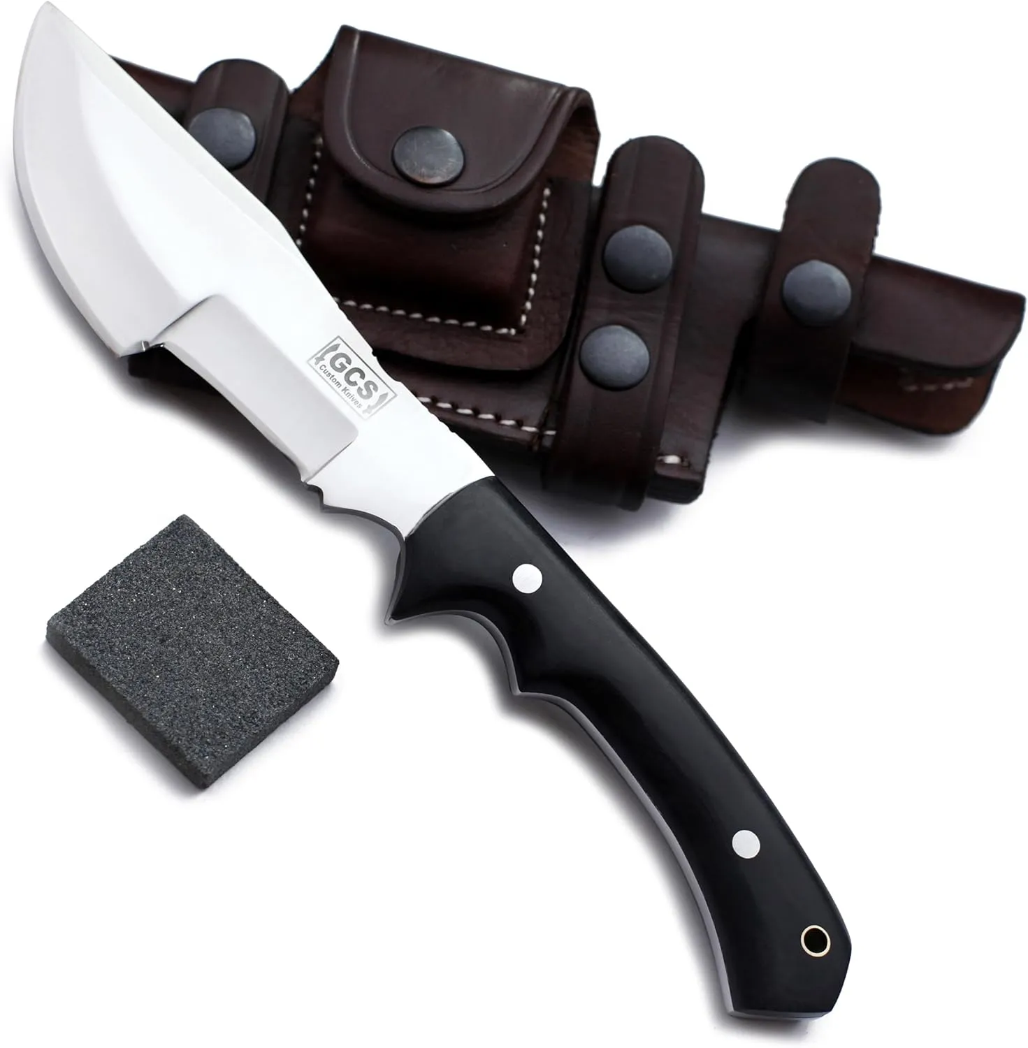 GCS Handmade D2 steel Hunting Knife G10 Handle Fixed Blade Knife Right Hand Scout Carry Buffalo leather Sheath and Sharpening Stone for Hunting Camping Survival and EDC