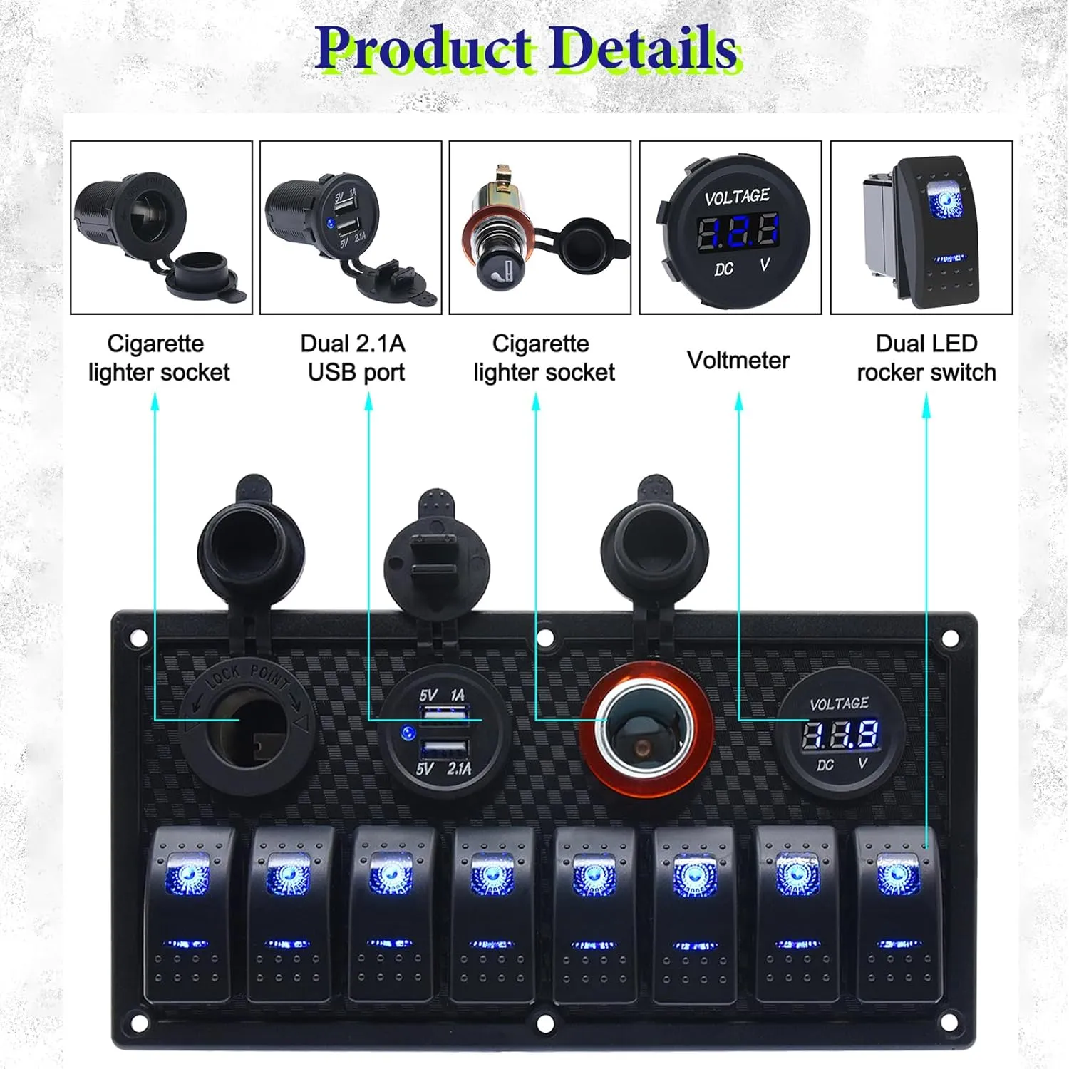 Geloo 8 Gang Marine Rocker Switch Panel, Boat Switch Panel Waterproof, 12V Switch Panel Toggle Switches Panel with LED Circuit Breaker 3.1A USB Charger Voltmeter ON/Off for Car Rvs Vehicles (Blue)