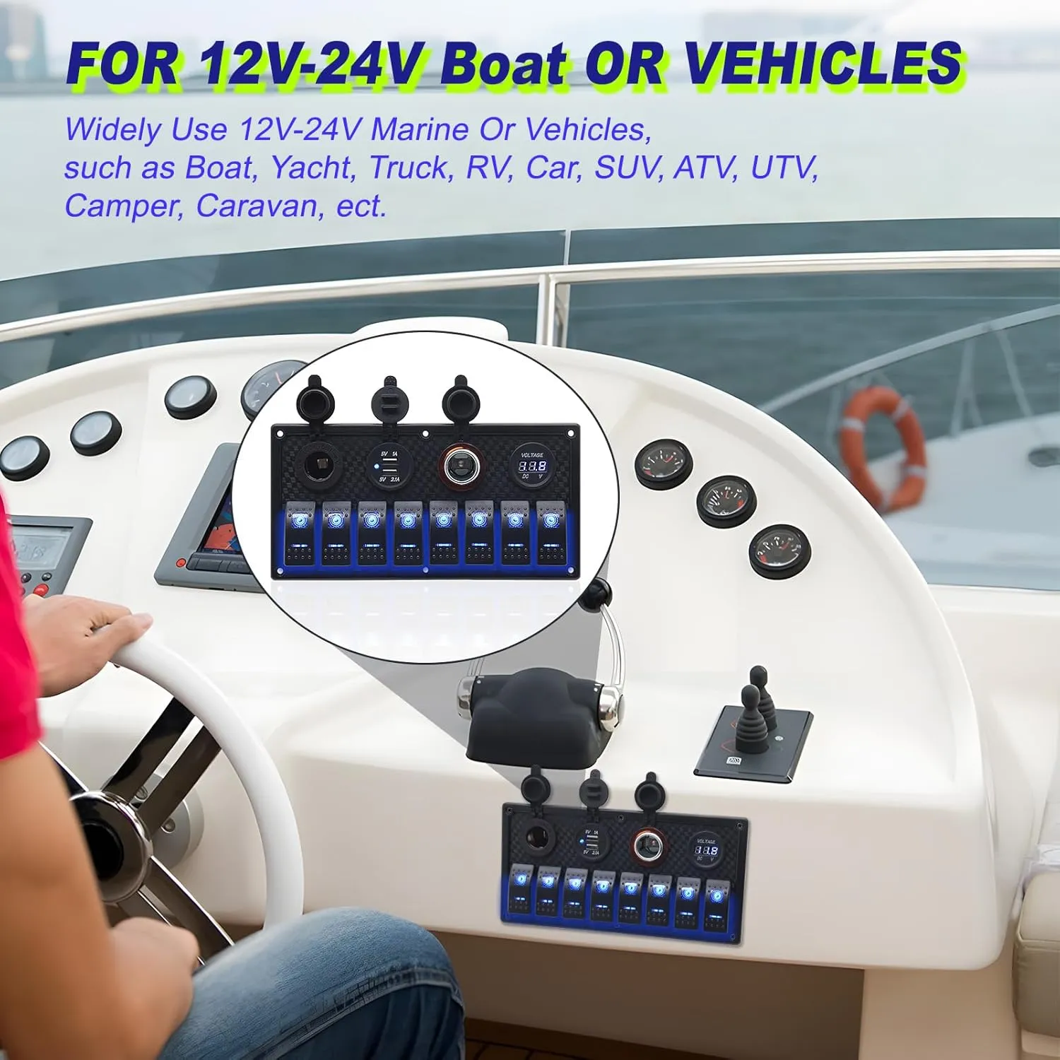 Geloo 8 Gang Marine Rocker Switch Panel, Boat Switch Panel Waterproof, 12V Switch Panel Toggle Switches Panel with LED Circuit Breaker 3.1A USB Charger Voltmeter ON/Off for Car Rvs Vehicles (Blue)