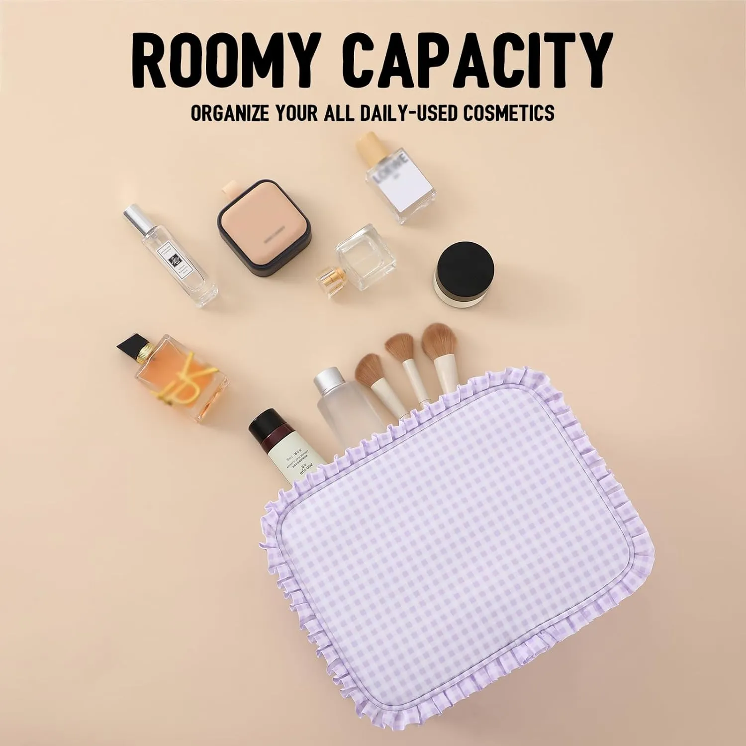 Gingham Ruffle Makeup Bag,Large Travel Cute Cosmetic Bag for Women Girls,Toiletry Bag Make up Organizer (Purple)