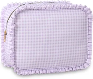 Gingham Ruffle Makeup Bag,Large Travel Cute Cosmetic Bag for Women Girls,Toiletry Bag Make up Organizer (Purple)
