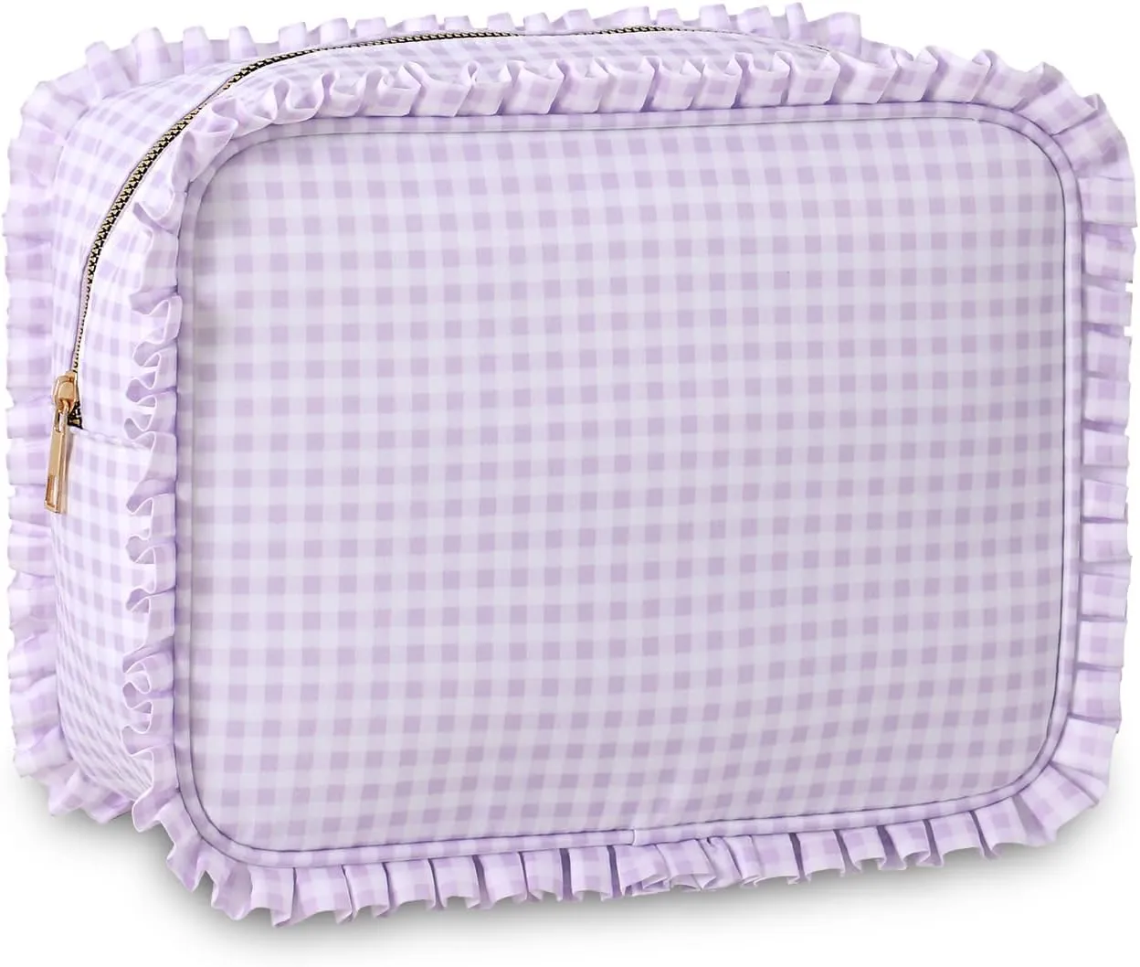 Gingham Ruffle Makeup Bag,Large Travel Cute Cosmetic Bag for Women Girls,Toiletry Bag Make up Organizer (Purple)