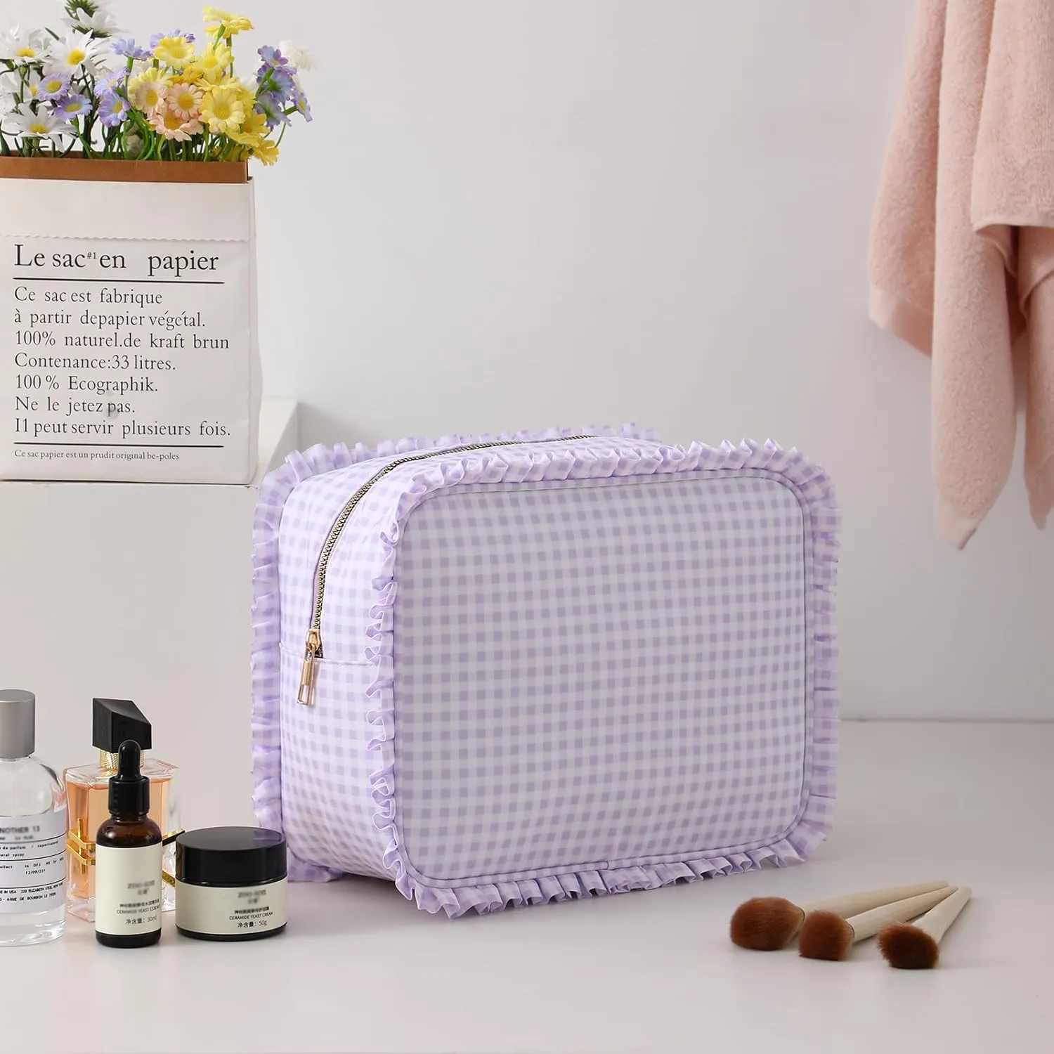 Gingham Ruffle Makeup Bag,Large Travel Cute Cosmetic Bag for Women Girls,Toiletry Bag Make up Organizer (Purple)