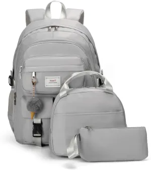 Girls Backpack Stylish Schoolbag Set for College or High Student Laptop Backpack for Women Grey