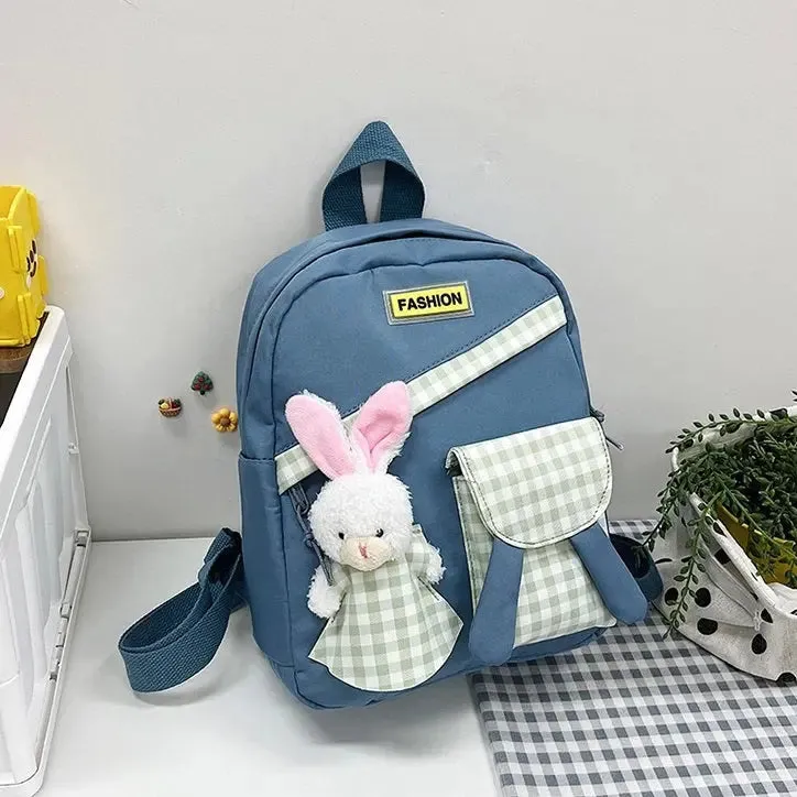 Girls Gingham Rabbit & Letter Patch Decor Functional Backpack 2919