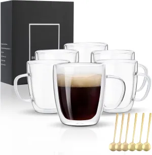 Glass Coffee Mugs Set Of 6, 13.5 OZ Insulated Double Wall Coffee Cups, Perfect for Cappuccino, Latte, Americano, Tea Bag, Beverage