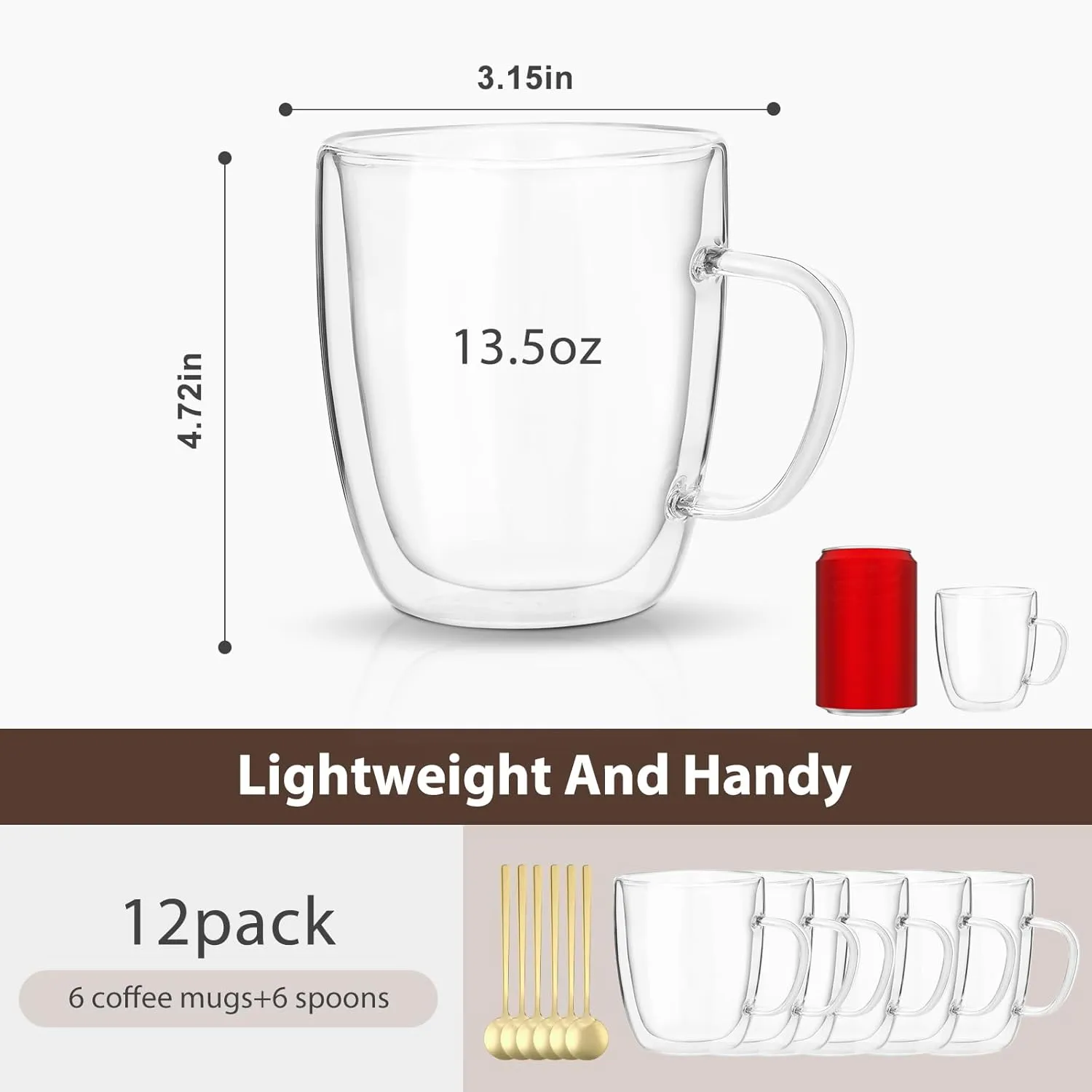 Glass Coffee Mugs Set Of 6, 13.5 OZ Insulated Double Wall Coffee Cups, Perfect for Cappuccino, Latte, Americano, Tea Bag, Beverage