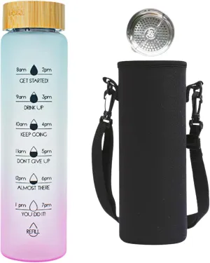 Glass Motivational Daily Water Intake Bottle with Time Marker 32oz, Reusable, with Leakproof Bamboo Lid and Shoulder Sleeve, for Hot and Cold Drinks, BPA Free(Blue)