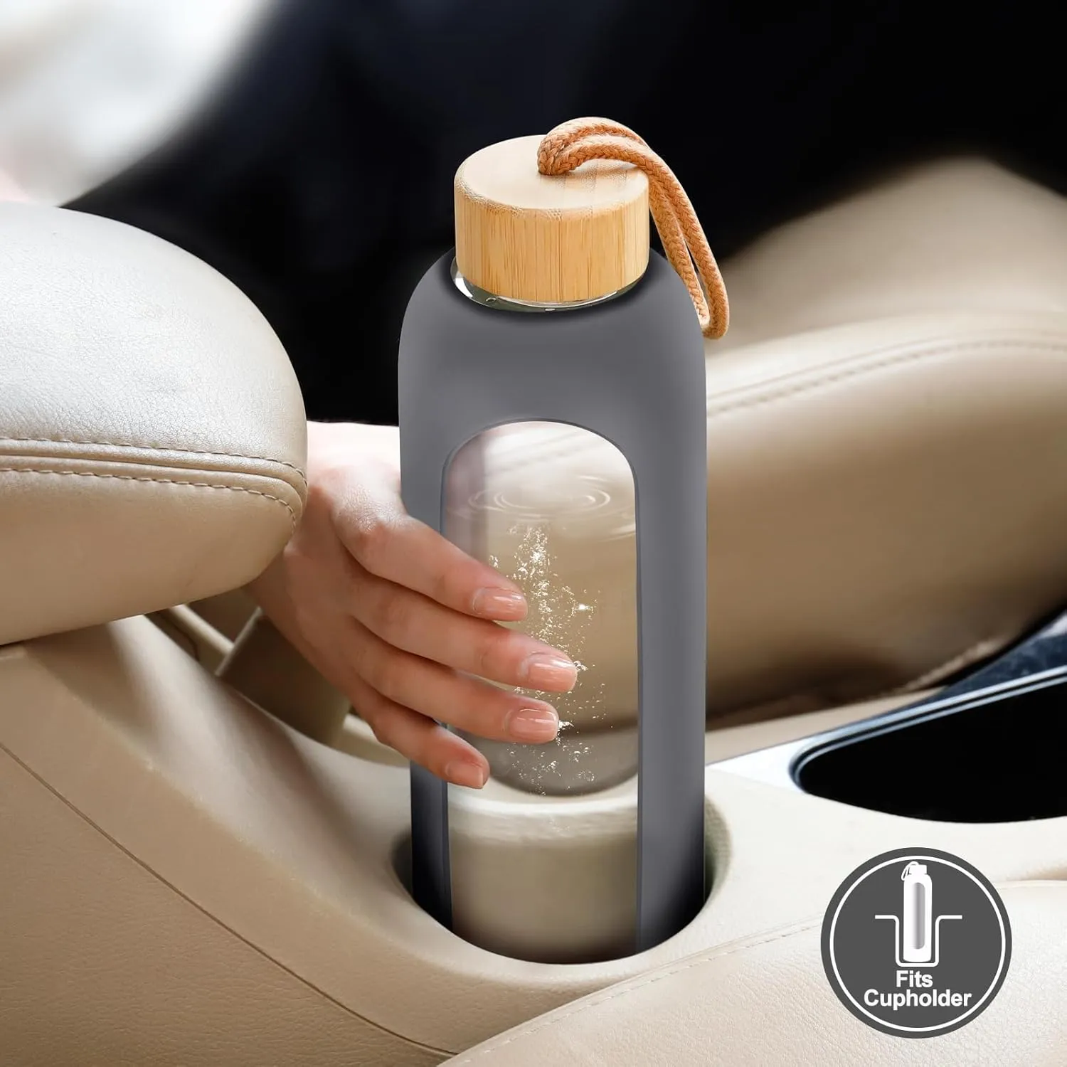 Glass Water Bottles 32 oz - Motivational Drinking Glass Water Bottle with Silicone Sleeve, Straw & 2 Bamboo Lids - 1 Liter Clear Borosilicate Daily Intake Tumbler with Time Marker - Grey