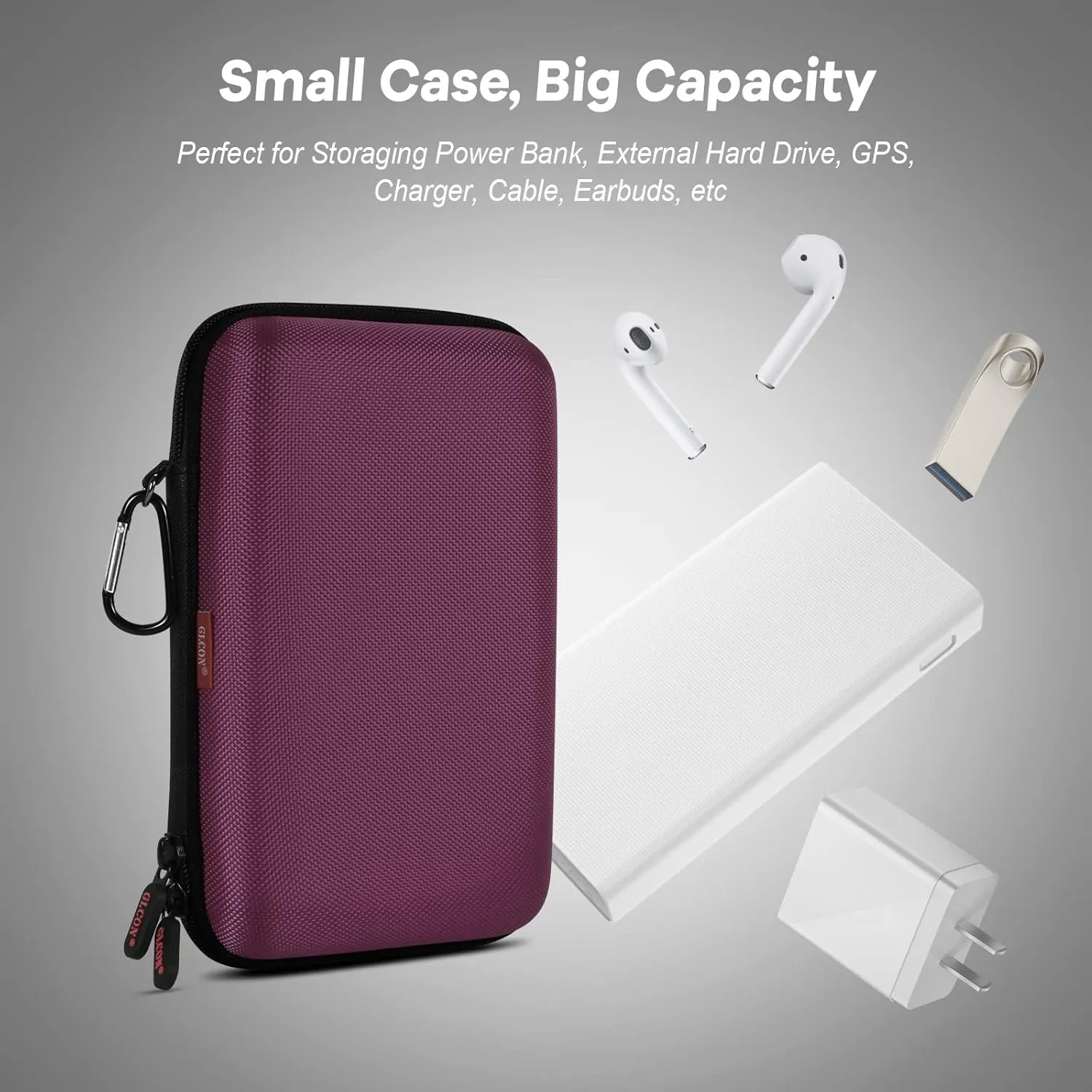 GLCON Deep Purple Carrying Case Hard Storage Case Electronics Organizer Tech Pouch for Hard Drive, Power Bank, Cell Phone, Charger Enclosure - Portable Travel Case Bag with Carabiner