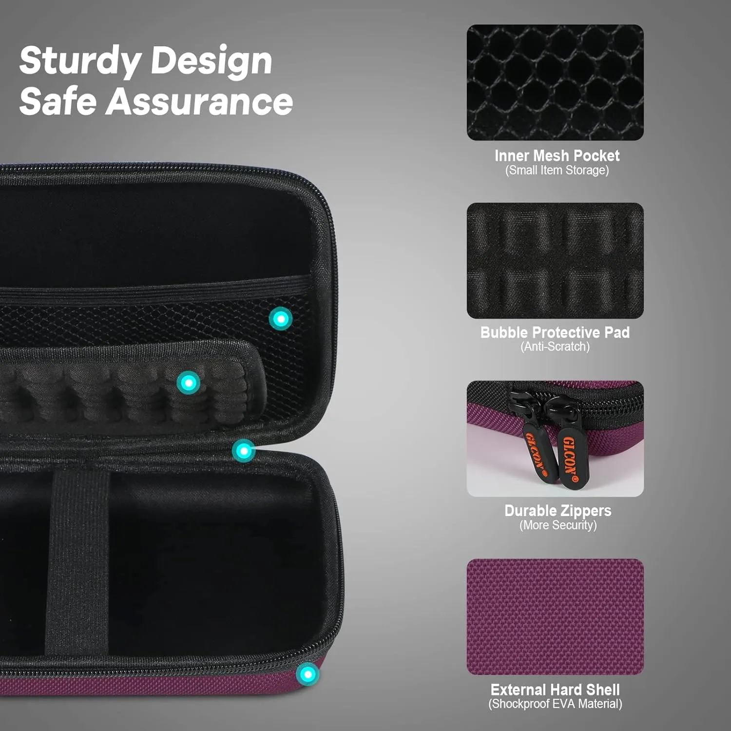 GLCON Deep Purple Carrying Case Hard Storage Case Electronics Organizer Tech Pouch for Hard Drive, Power Bank, Cell Phone, Charger Enclosure - Portable Travel Case Bag with Carabiner