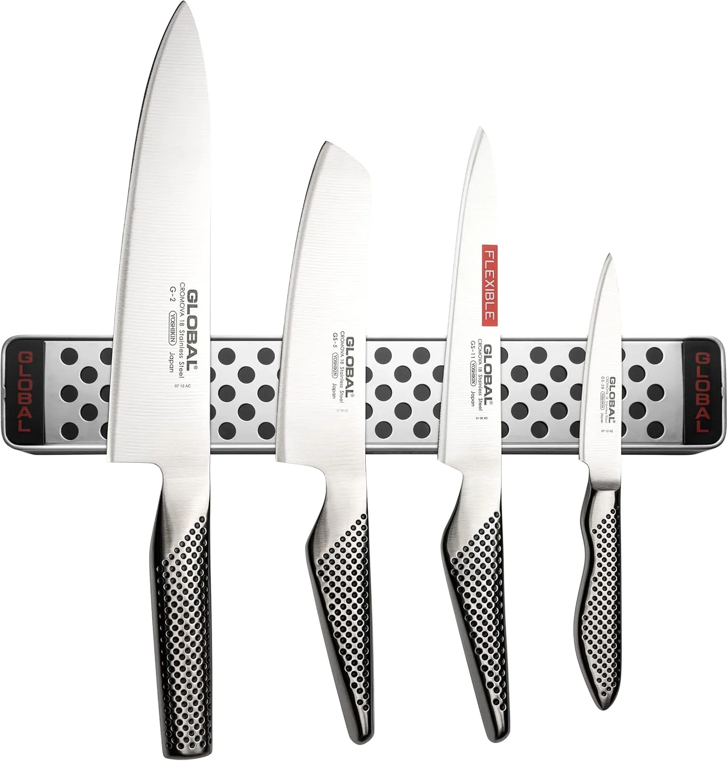 Global 5-PC G-42 Magnetic Knife Bar Set with Chef`s Knife, Vegetable Knife, Utility Knife, Paring Knife - Stainless Steel
