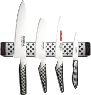 Global 5-PC G-42 Magnetic Knife Bar Set with Chef`s Knife, Vegetable Knife, Utility Knife, Paring Knife - Stainless Steel