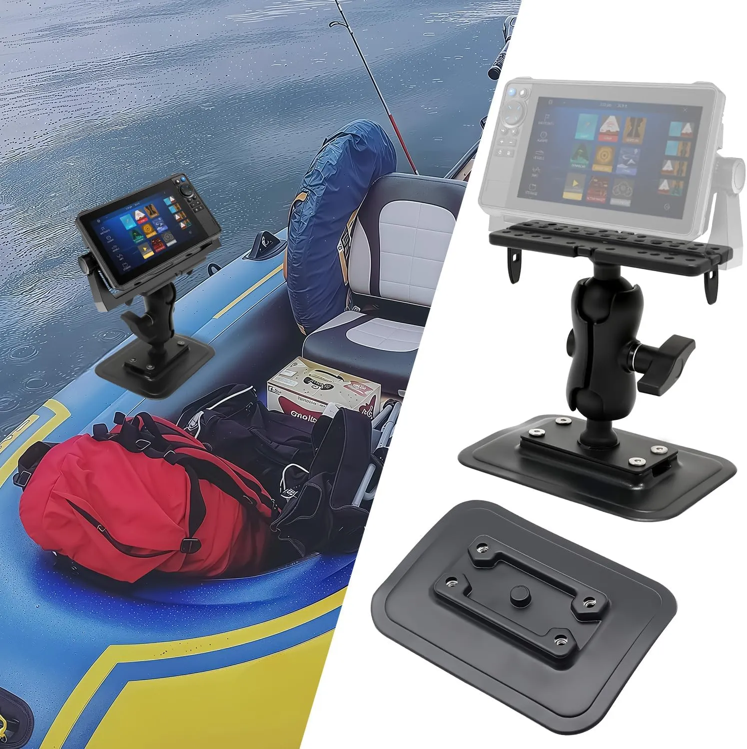 Glue-On Pad Kit for Inflatable Boats, Sturdy & Waterproof, All-in-one Mount, 360° Rotation Marine Electronic/Depth Finder Mount, Compatible with Garmin, Lowrance, Humminbird and More