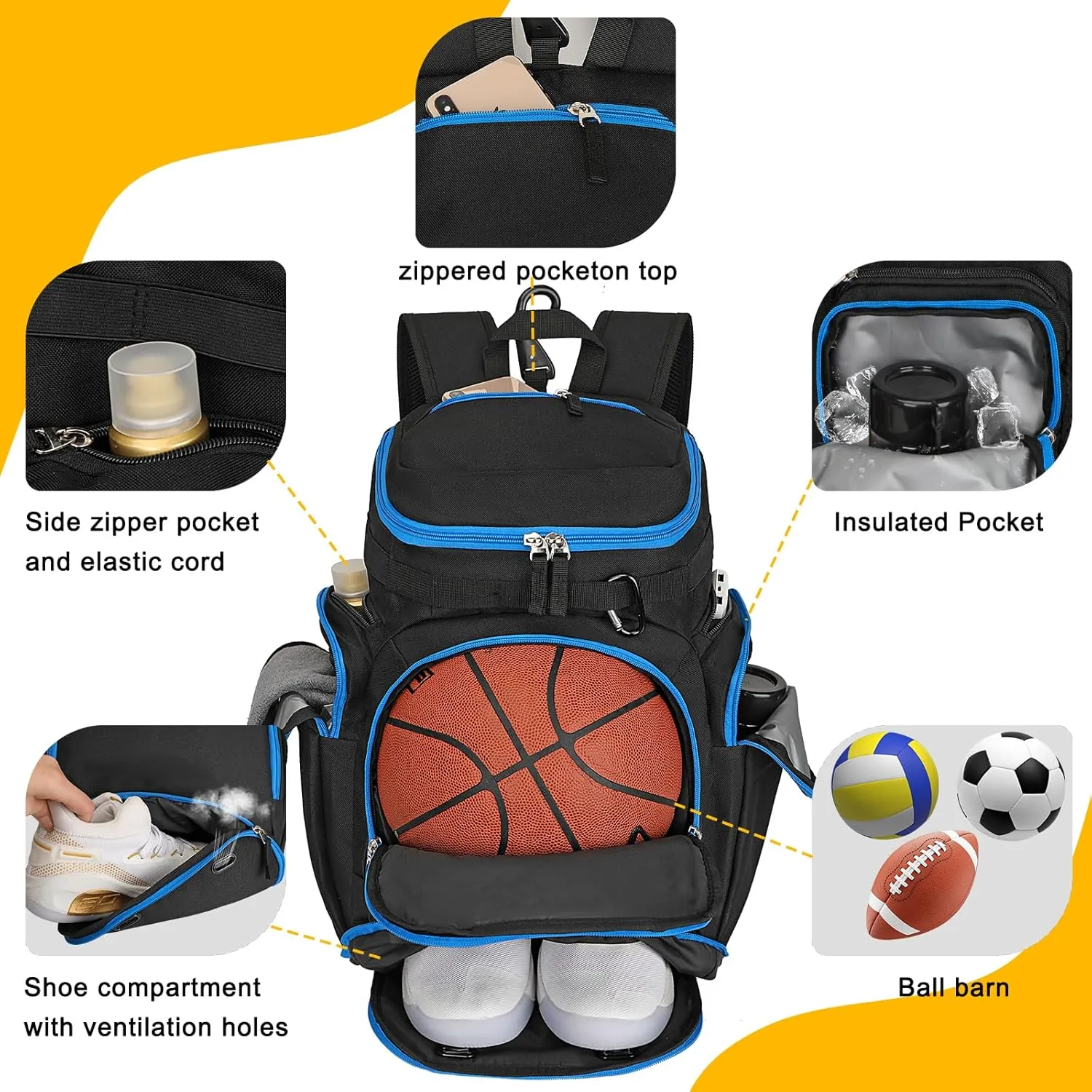 Goloni Basketball Backpack,Large Sports Bag with Ball Compartment & Shoe Compartment for Basketball, Soccer, Volleyball,Gym