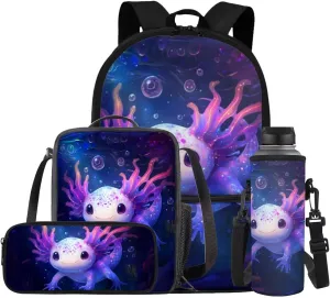 Gomyblomy Axolotl Backpack for Girls 8-10 10-12 Lightweight 4 in 1 Set Kids Bookbag with Lunch Box Pencil Case Water Bottle Sleeve Large Capacity Schoolbag for Elementary Middle School