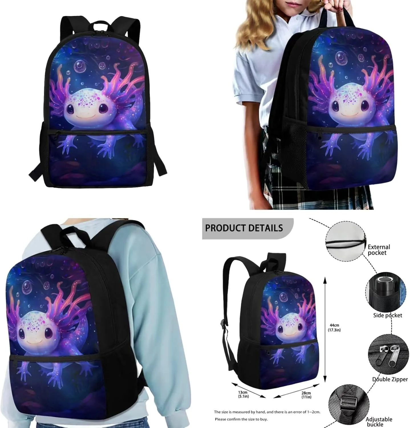 Gomyblomy Axolotl Backpack for Girls 8-10 10-12 Lightweight 4 in 1 Set Kids Bookbag with Lunch Box Pencil Case Water Bottle Sleeve Large Capacity Schoolbag for Elementary Middle School