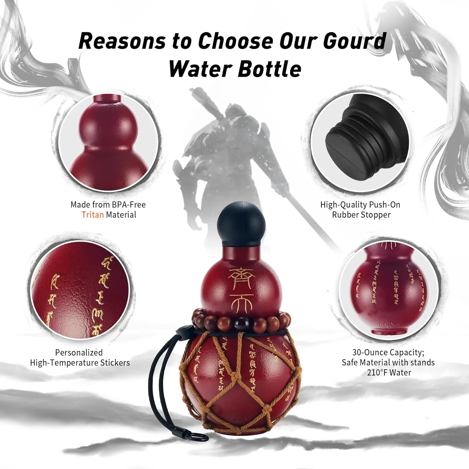 Gourd Water Bottle Tritan BPA-Free 210°F Heat Resistant - Leak-Proof Push-On Rubber Stopper, Stylish Gradient Colors with 2 Versatile Straps for Hanging - Durable (Red Crack)