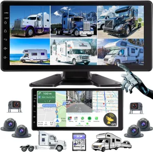 GPS Navigation 6 Split Touchable Screen Car Stereo with Carplay 128GB Large 1080P Image 10.36 Inch Monitor Backup Camera Built-in DVR for RV Truck Trailer Rear Side Front View Wired System RGPS6