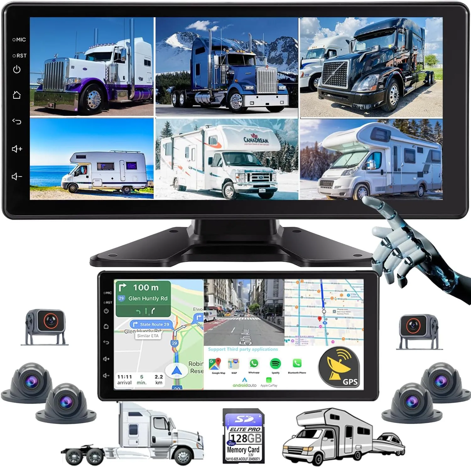 GPS Navigation 6 Split Touchable Screen Car Stereo with Carplay 128GB Large 1080P Image 10.36 Inch Monitor Backup Camera Built-in DVR for RV Truck Trailer Rear Side Front View Wired System RGPS6
