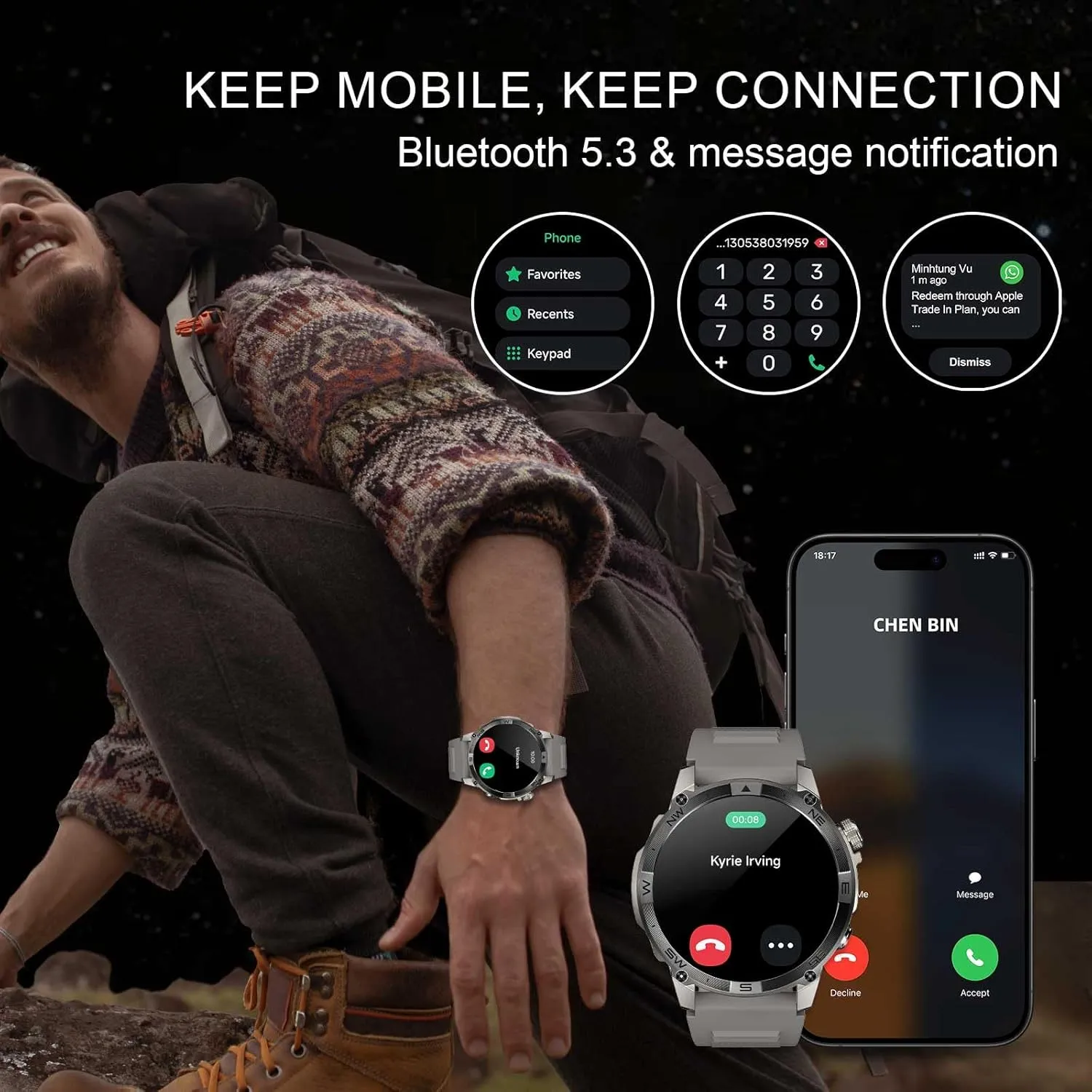 GPS Smartwatch for Men, 1.43" AMOLED Rugged Military Smart Watches Make/Answer Call, Sport Watch with 530 mAh Large Battery/3ATM Waterproof/Compass/Air Pressure/Altitude for Android iOS