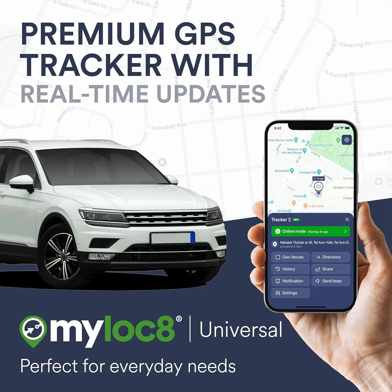 GPS Tracker by Myloc8 – Universal GPS Locator for Vehicles, Kids, Luggage, Car GPS Tracking Device with 4G LTE, Real-Time Updates for Trucks, Trailers, Bikes - 3 Months Prepaid Subcription Included