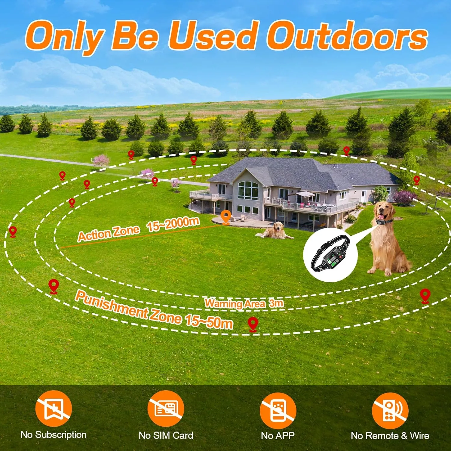GPS Wireless Dog Fence System, Electric Electric Dog Fence Using GPS Electric Satellite Technology, with a Range of 15-2000m, IPX7 Waterproof Rechargeable Collar Receiver,Outdoor Use Only